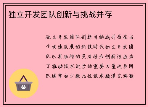 独立开发团队创新与挑战并存